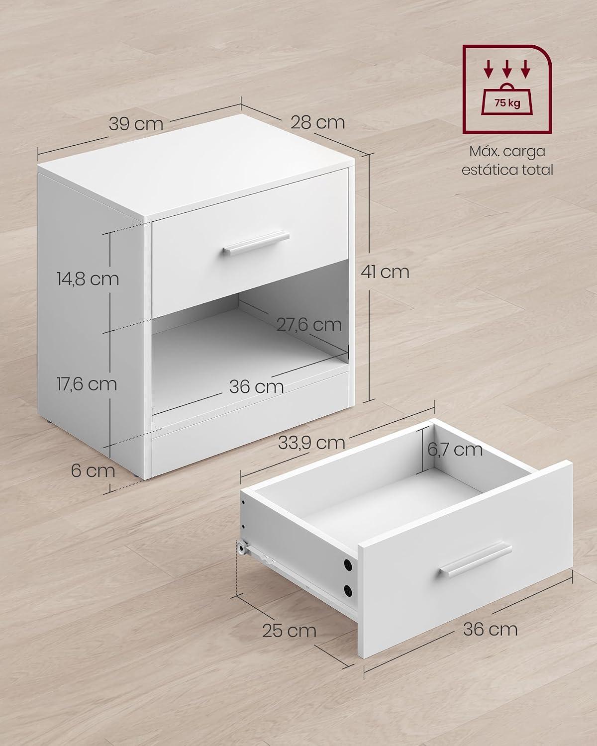 Velador Moderno VASAGLE Con Cajón Repisa Dormitorio Blanco