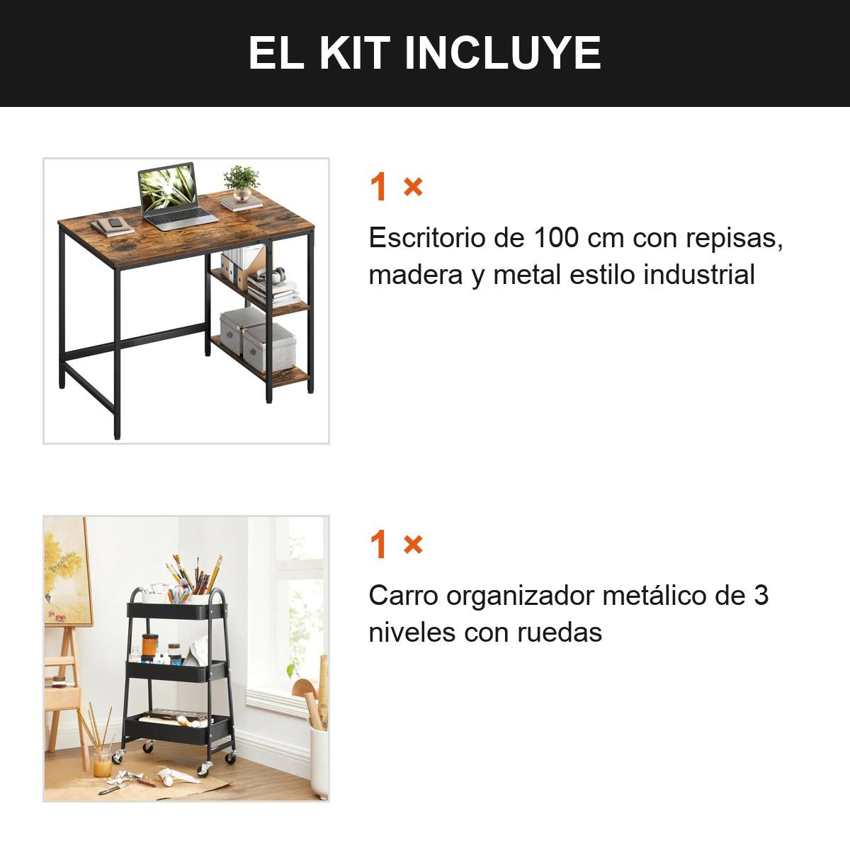 Kit Home Office Escritorio 100cm + Carro Organizador 3 Nivel Marrón