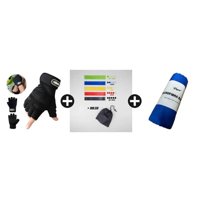 Kit Gym Inicial Guantes + Bandas Elásticas + Toalla Microfib Negro M