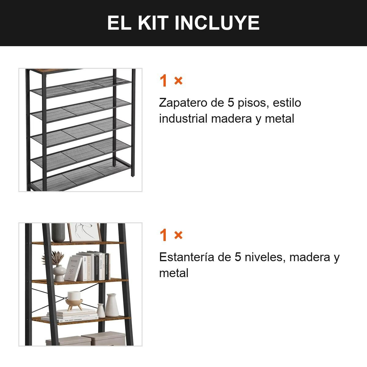 Set Orden Hogar Zapatero 5 Pisos + Estantería 5 Niveles Marrón