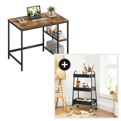 Kit Home Office Escritorio 100cm + Carro Organizador 3 Nivel Marrón