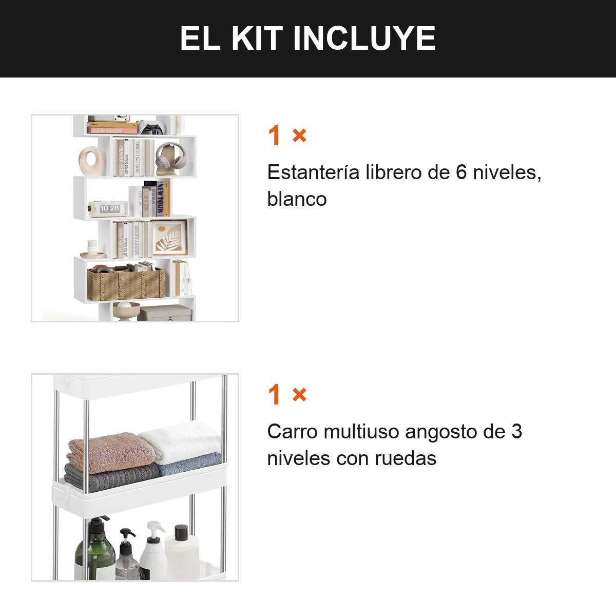 Set Oficina Estantería Librero 6 Niveles + Carro Angosto Blanco