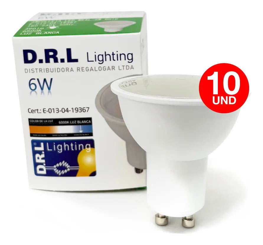 Pack 10 Ampolleta Led Gu10 Drl 6w 390lm Cálida/blanca Sec