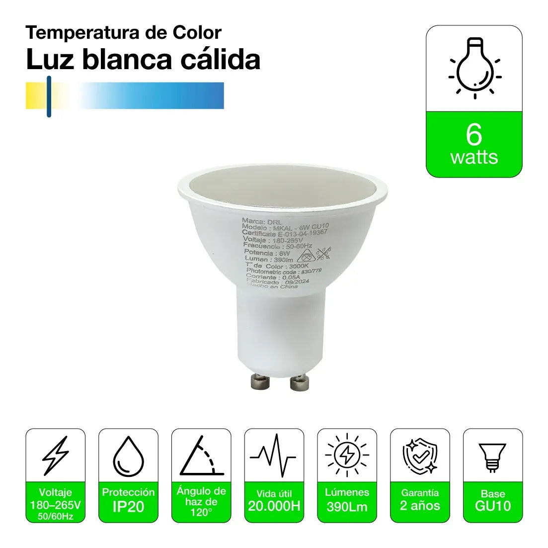 Pack 10 Ampolleta Led Gu10 Drl 6w 390lm Cálida/blanca Sec