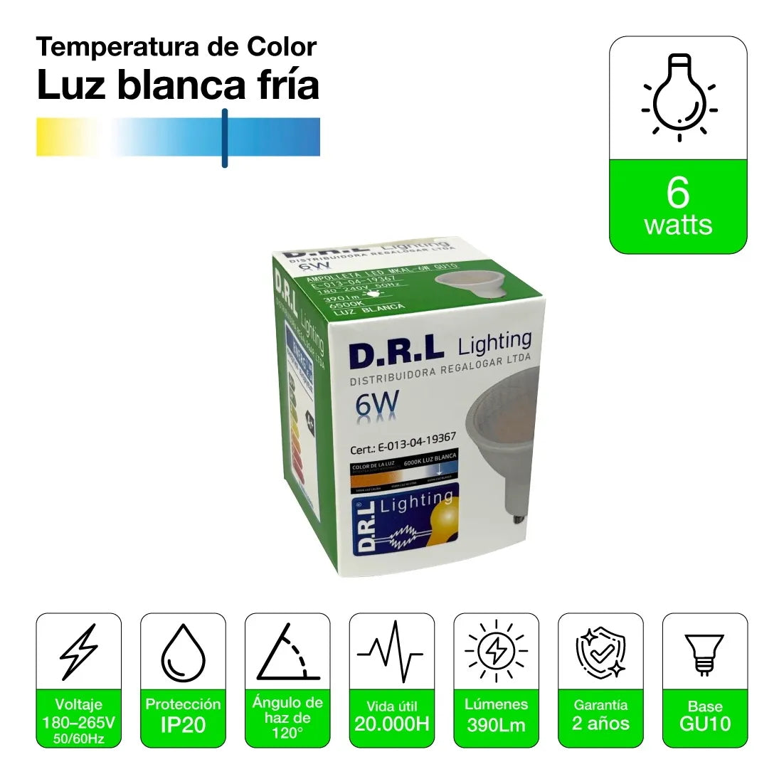 Pack 10 Ampolleta Led Gu10 Drl 6w 390lm Cálida/blanca Sec