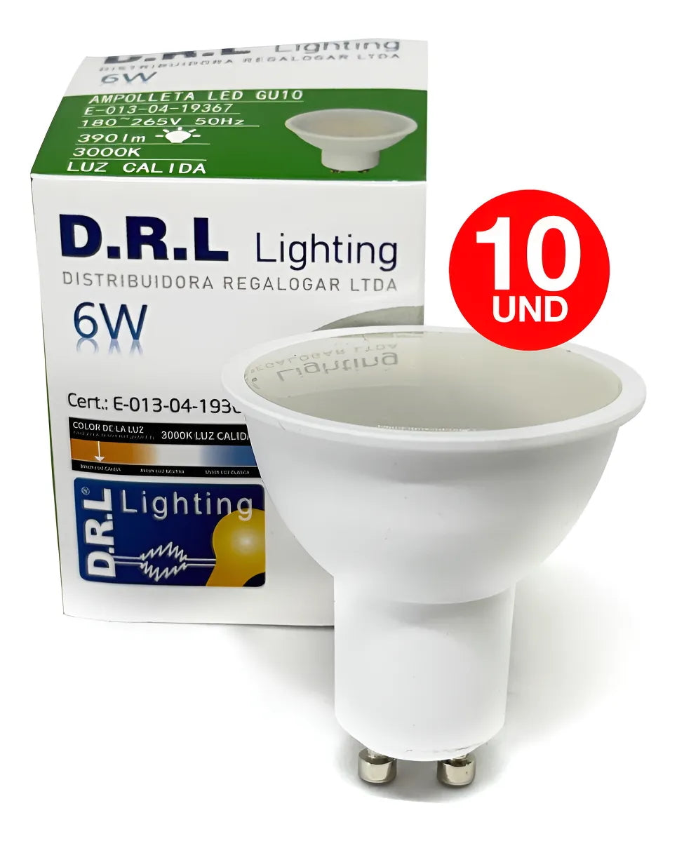 Pack 10 Ampolleta Led Gu10 Drl 6w 390lm Cálida/blanca Sec
