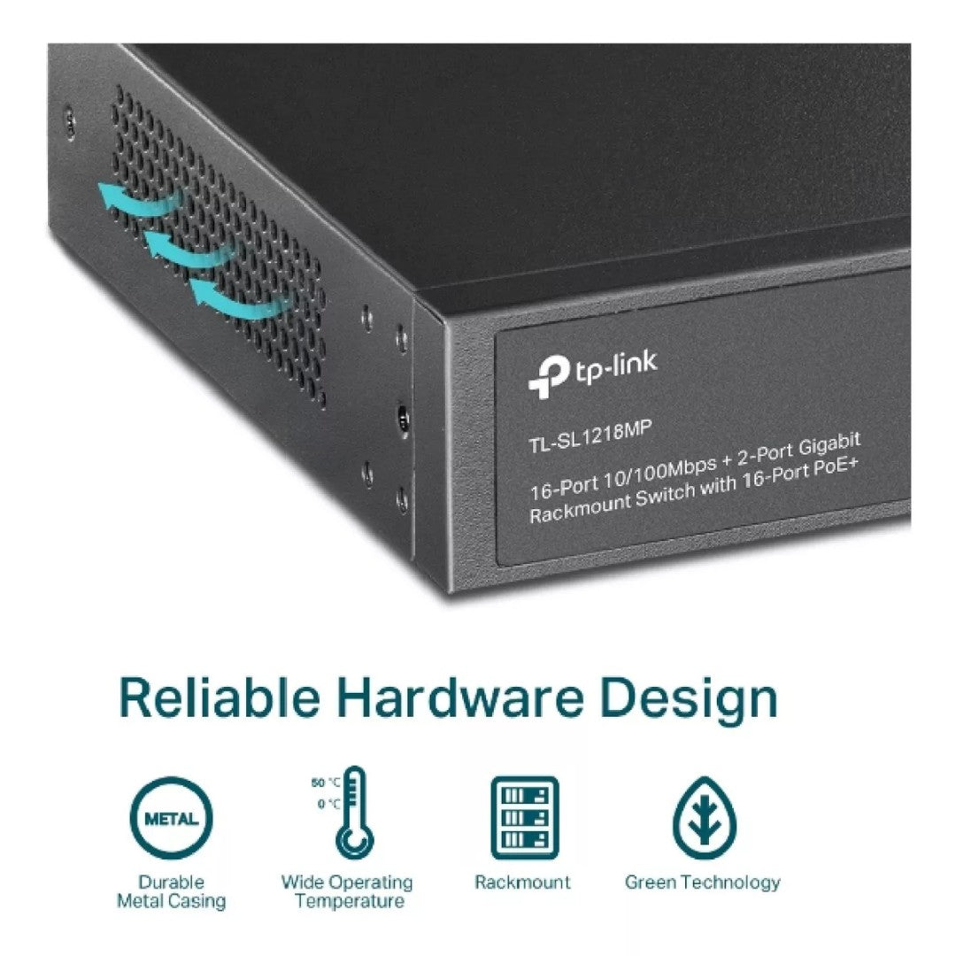 Switch 16 puertos PoE 2 puertos Gigabit TP-Link TL-SL1218MP