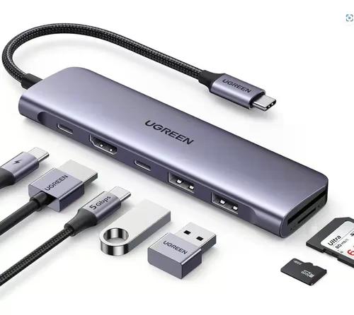 Hub Adaptador Ugreen 7 En 1 Dock 4k Hdmi 5gb Para Usb C Y 2 Usb-a, Lector Tarjetas Sd Y Micro Sd Plateado