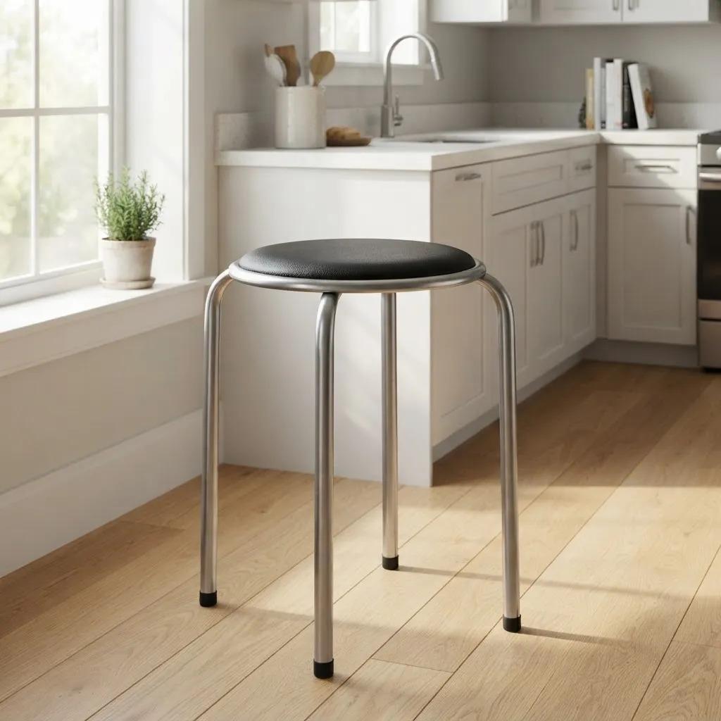 Banco Redondo Metal Taburete Apilable Acolchado Negro Y Gris