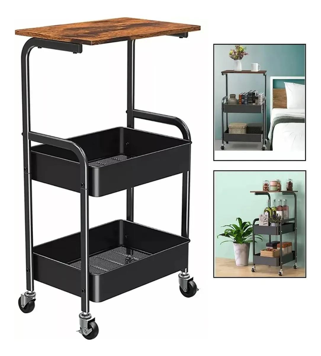 Carro Organizador 3 Niveles Con Ruedas Living Cocina Dorm Café Con Negro