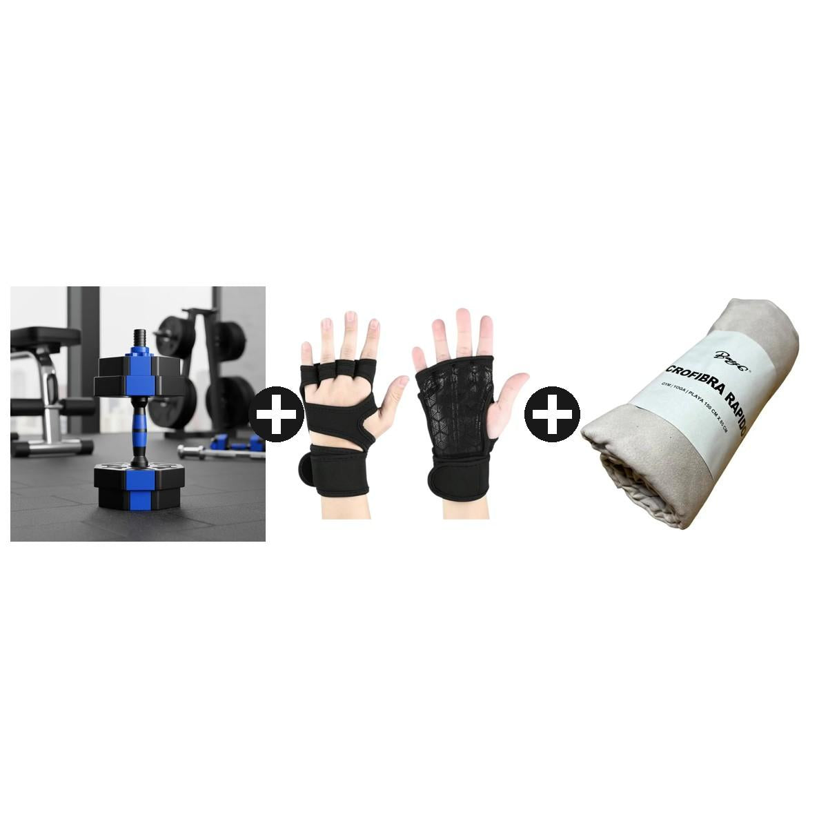 Kit Gym En Casa Mancuernas 15kg + Calleras Talla M + Toalla Azul