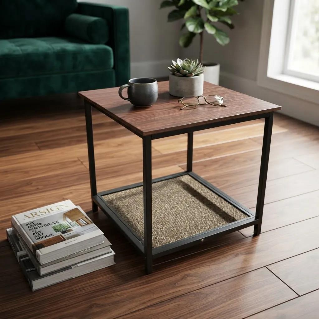 Mesa Auxiliar Lateral Con Repisa Madera Metal Café Oscuro
