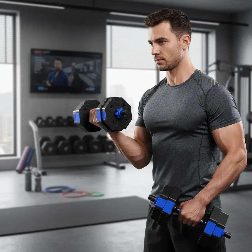 Kit Gym En Casa Mancuernas 15kg + Calleras Talla M + Toalla Azul