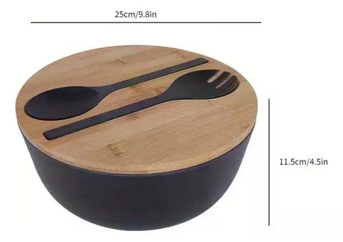 Cuenco Ensaladera Tapa De Bambu Y Utensilios Premium Marrón Claro
