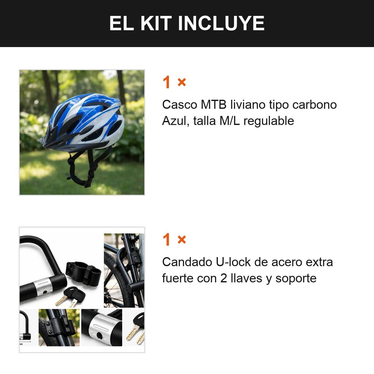 Kit Seguridad Bici Casco Mtb Azul + Candado U-lock Azul M/l
