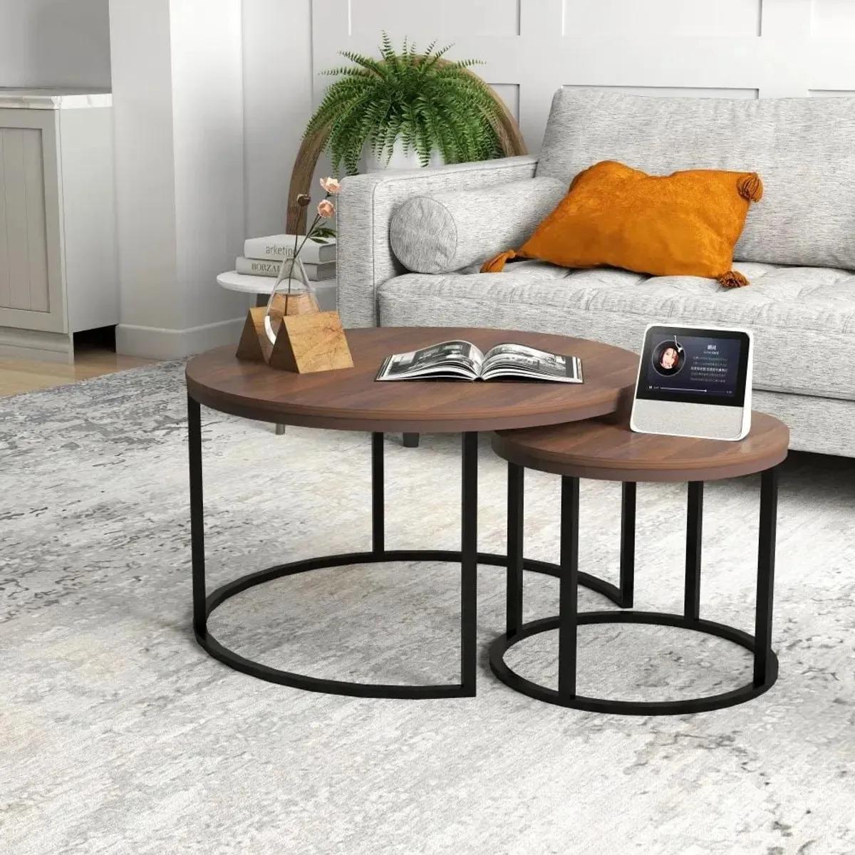 Set 2 Mesas Nido Redondas Madera Metal Living Moderna Café