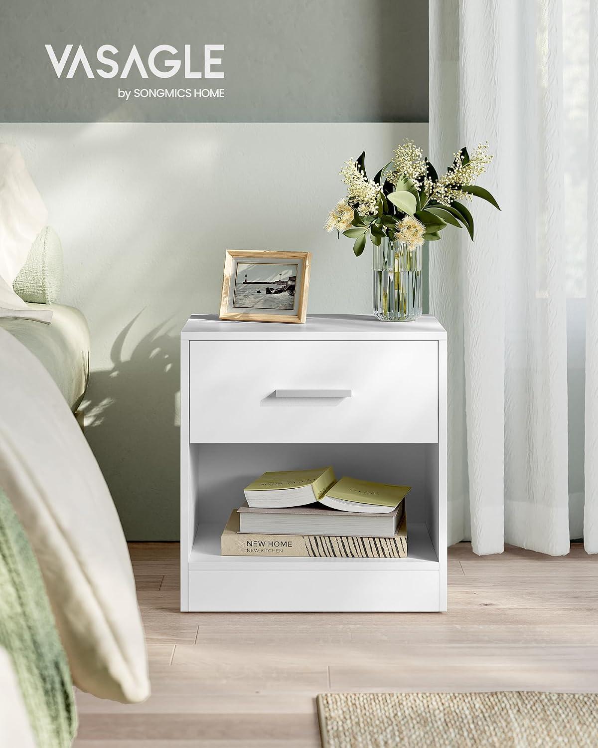Velador Moderno VASAGLE Con Cajón Repisa Dormitorio Blanco