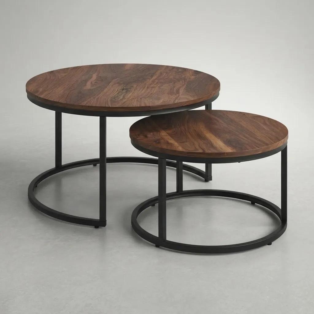 Set 2 Mesas Nido Redondas Madera Metal Living Moderna Café