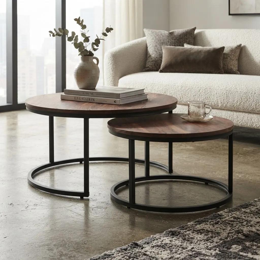 Set 2 Mesas Nido Redondas Madera Metal Living Moderna Café
