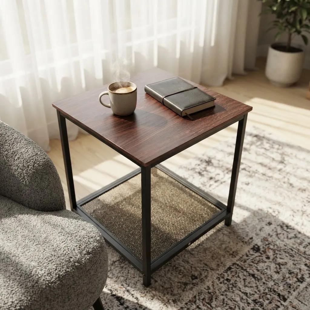 Mesa Auxiliar Lateral Con Repisa Madera Metal Café Oscuro