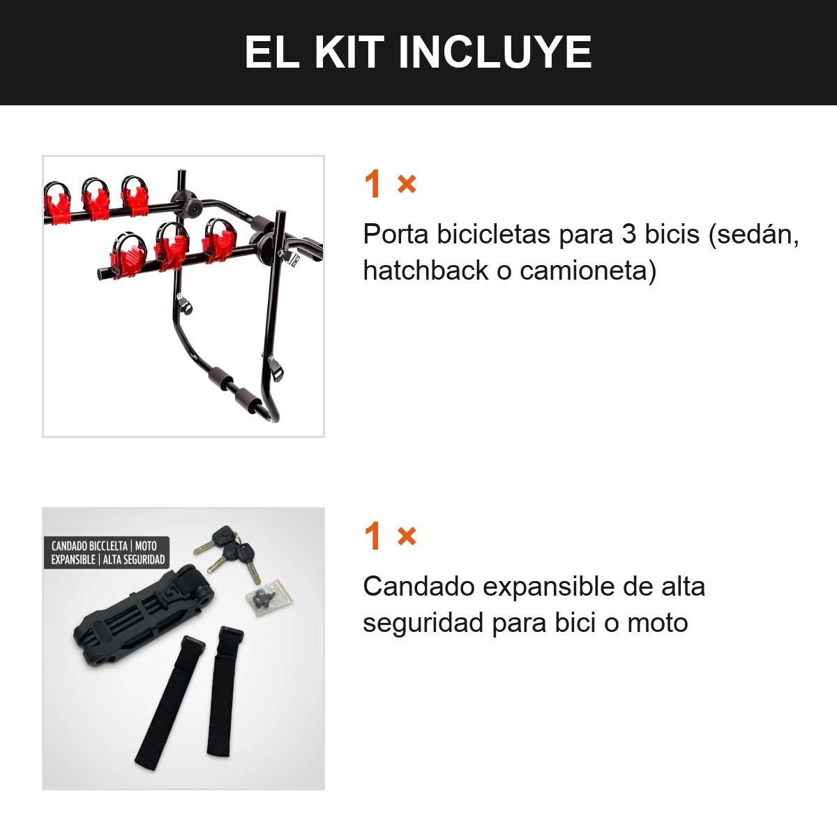 Kit Porta Bicicletas 3 Soportes + Candado Expansible Negro
