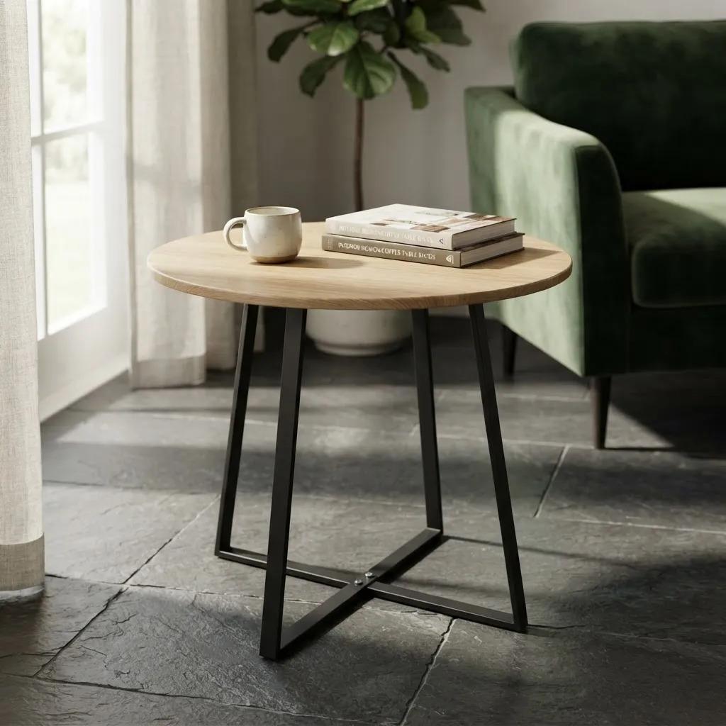 Mesa Lateral Redonda Madera Metal Auxiliar Living Café Claro