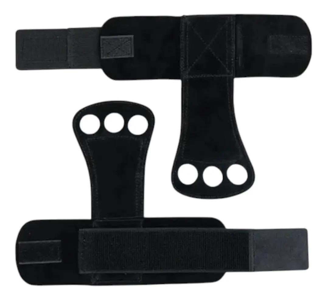 Kit Crossfit Calleras De Cuero 3 Dedos + Toalla Microfibra Negro Liso Xl
