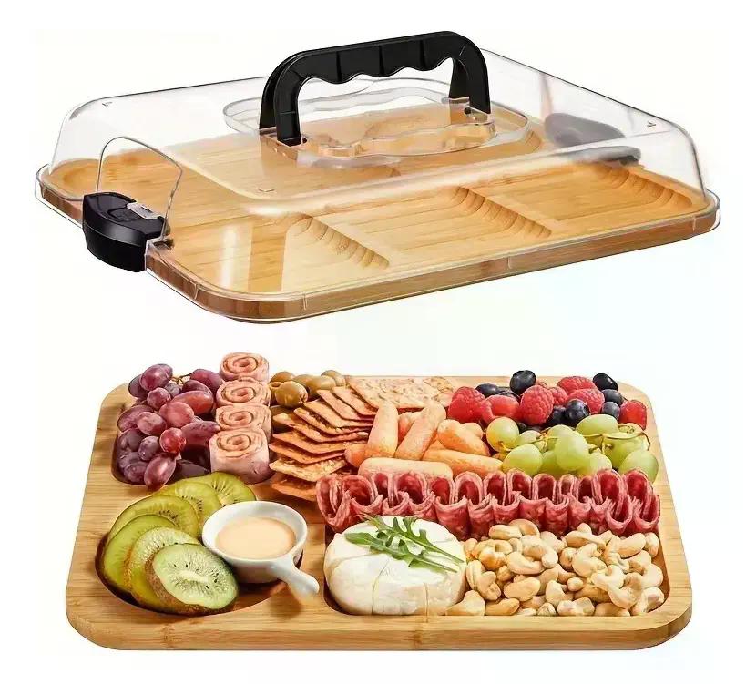 Bandeja Para Cocktail Quesos Bambú Tapa Acrílica Premium