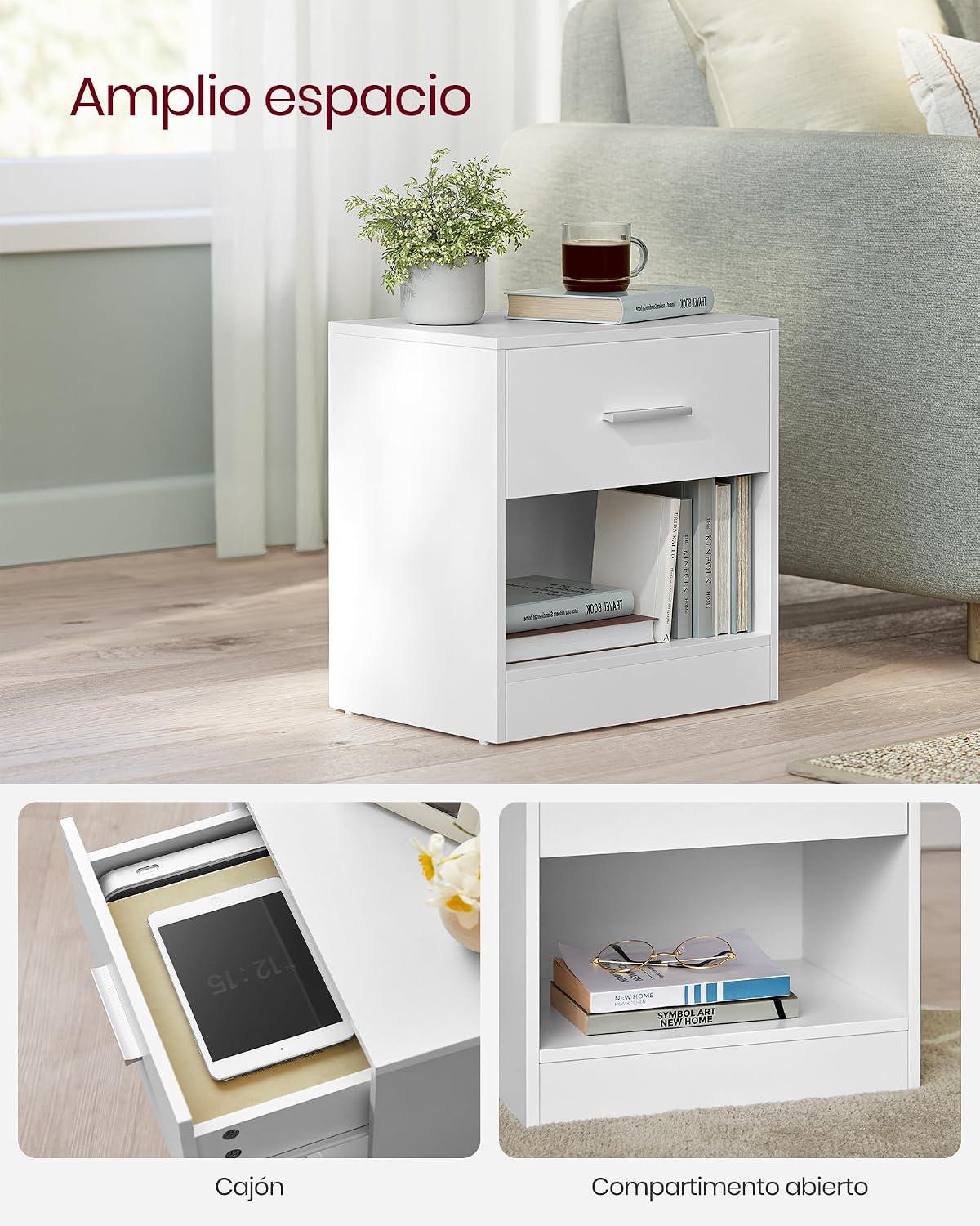 Velador Moderno VASAGLE Con Cajón Repisa Dormitorio Blanco