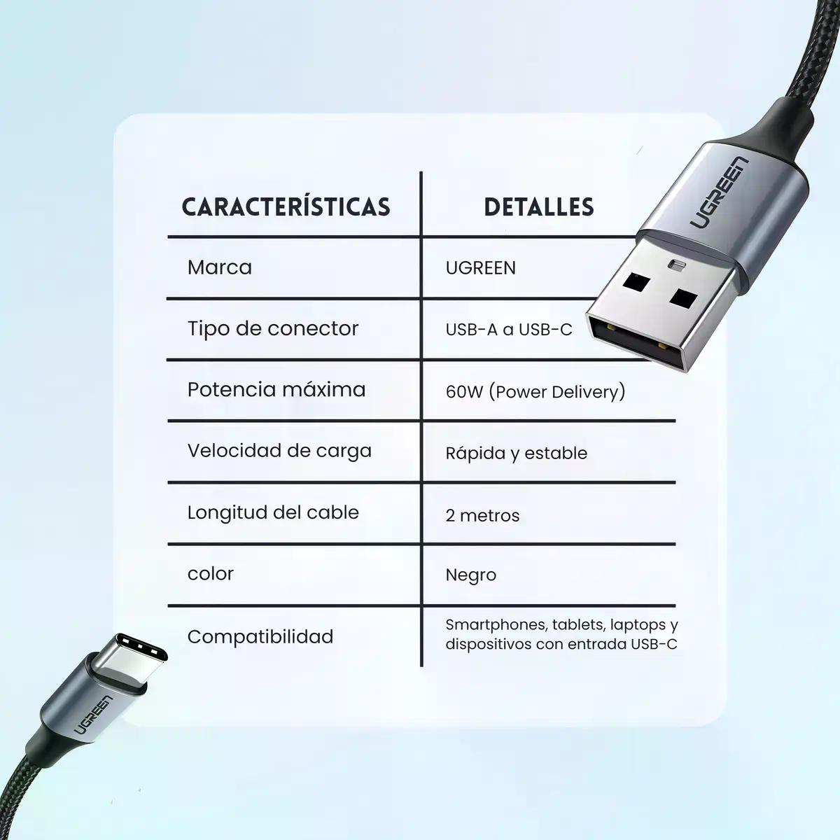 Cable Usb 2.0 2m Ugreen 60128 Negro Con Entrada Usb A Salida Usb C