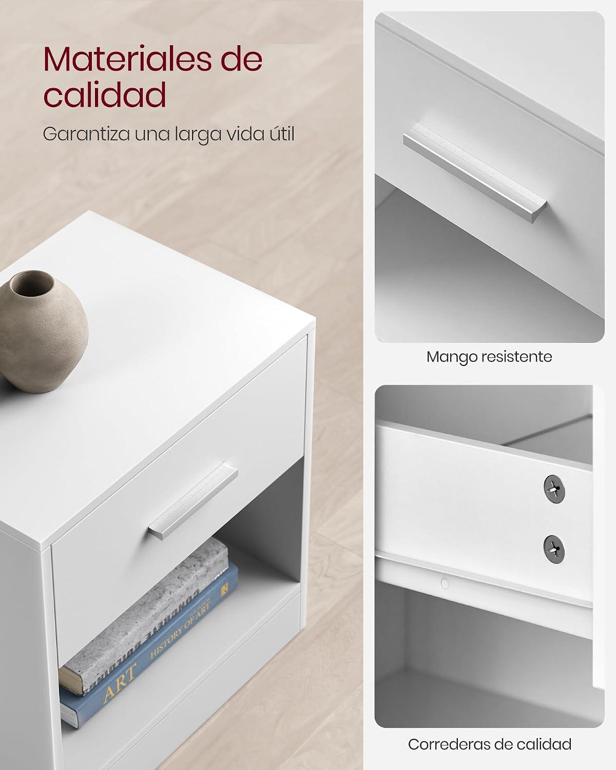 Velador Moderno VASAGLE Con Cajón Repisa Dormitorio Blanco