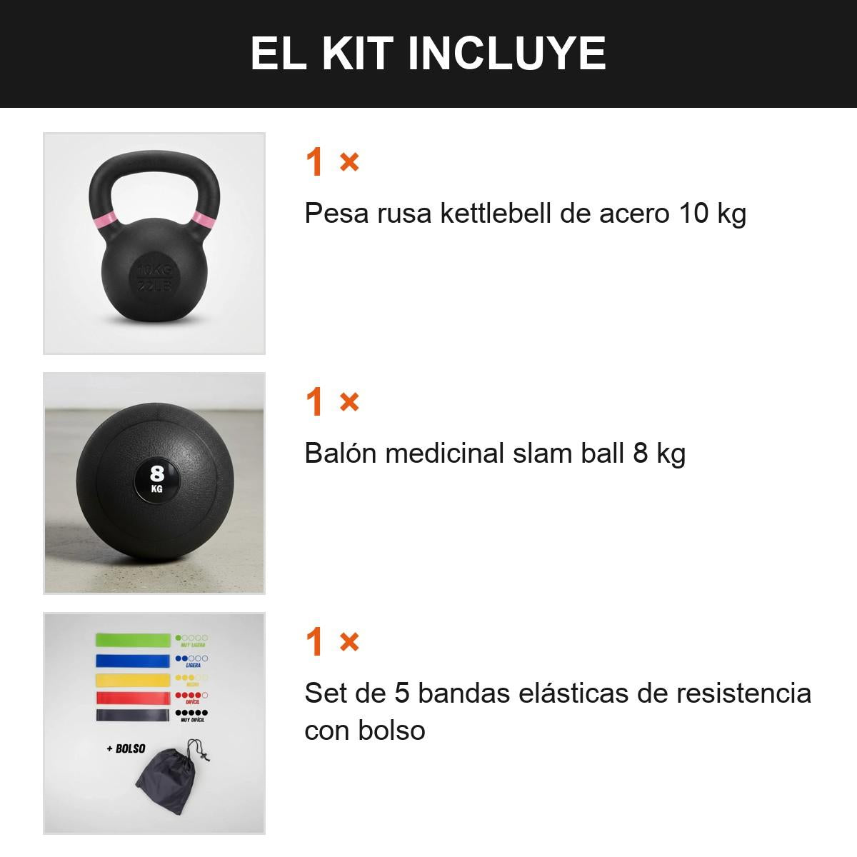 Kit Entrenamiento Funcional Kettlebell 10kg + Slam Ball 8kg Negro