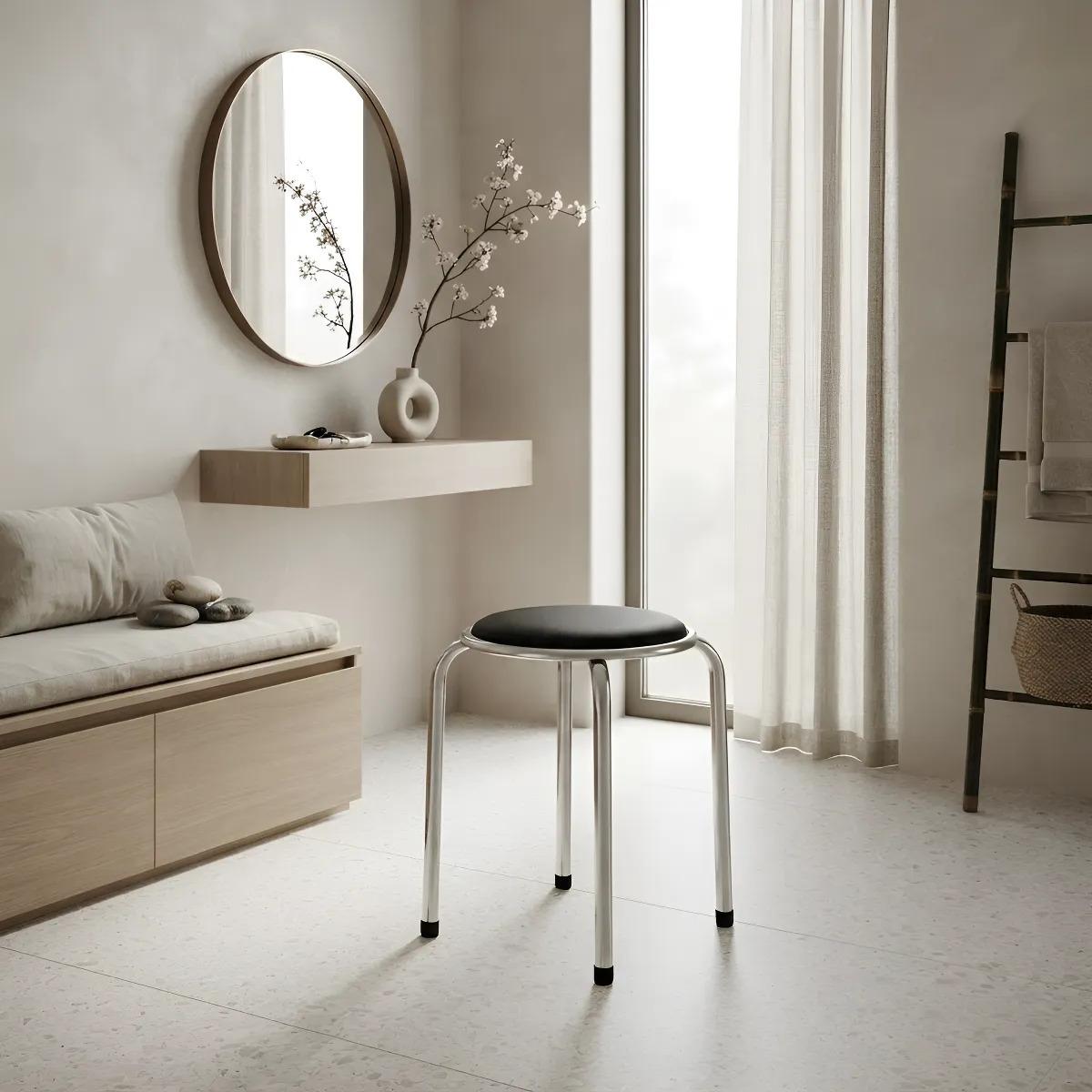 Banco Redondo Metal Taburete Apilable Acolchado Negro Y Gris