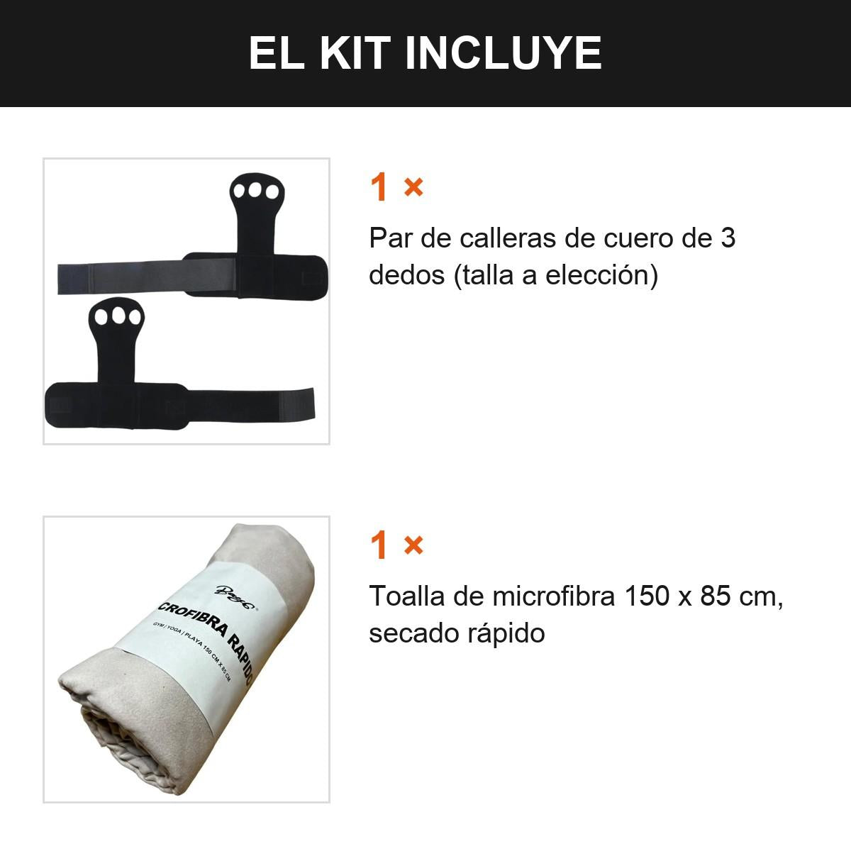Kit Crossfit Calleras De Cuero 3 Dedos + Toalla Microfibra Negro Liso Xl