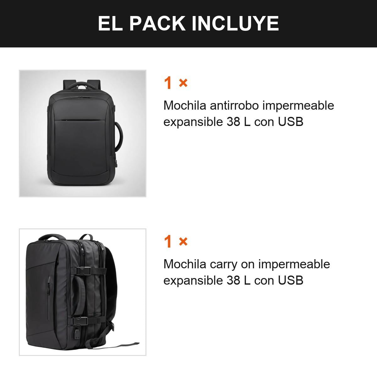 Pack 2 Mochilas Antirrobo Impermeables Expansibles 38l Usb Negro Impermeable