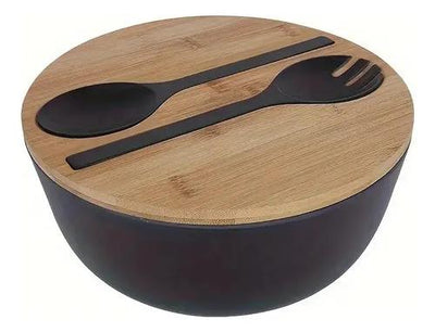 Cuenco Ensaladera Tapa De Bambu Y Utensilios Premium Marrón Claro