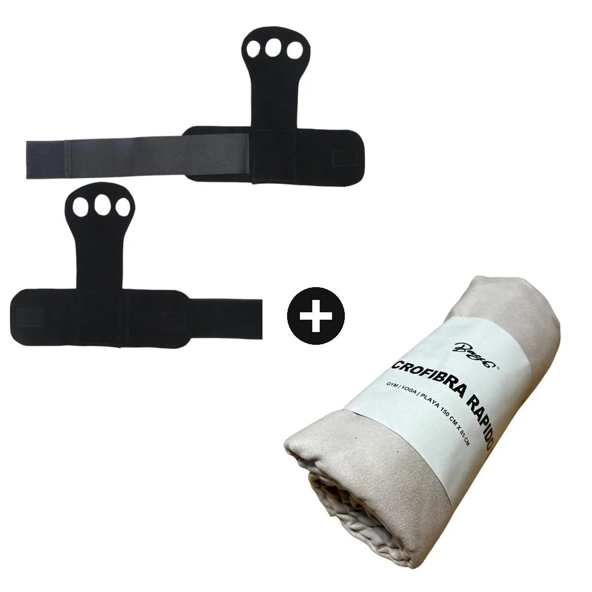 Kit Crossfit Calleras De Cuero 3 Dedos + Toalla Microfibra Negro Liso M