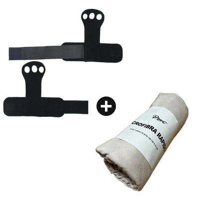 Kit Crossfit Calleras De Cuero 3 Dedos + Toalla Microfibra Negro Liso M