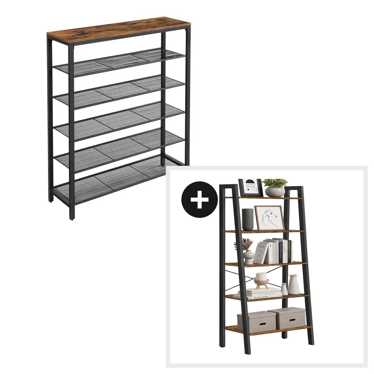 Set Orden Hogar Zapatero 5 Pisos + Estantería 5 Niveles Marrón