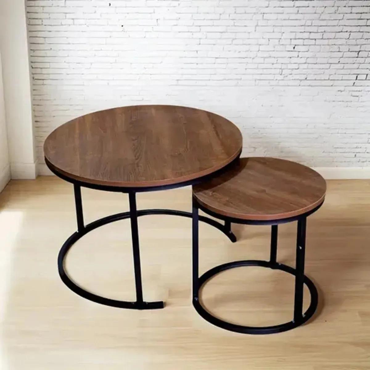 Set 2 Mesas Nido Redondas Madera Metal Living Moderna Café