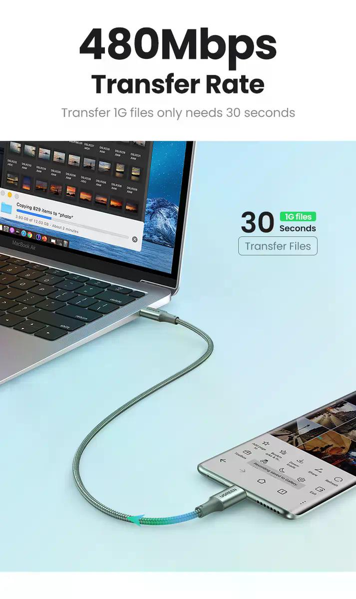 Cable Cargador Ugreen Usb C Carga Rapida 100 W 480 Mbps 2m Negro