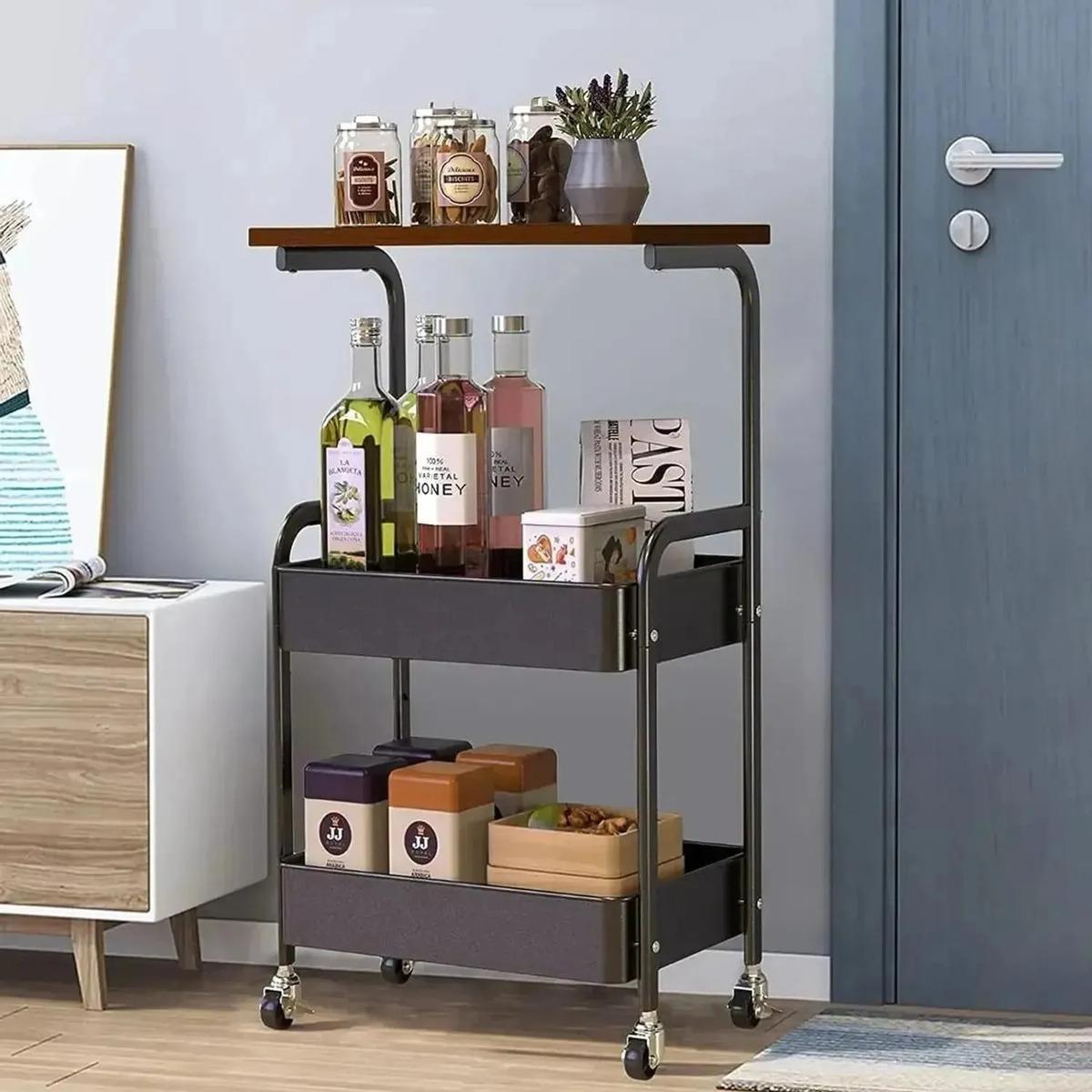 Carro Organizador 3 Niveles Con Ruedas Living Cocina Dorm Café Con Negro