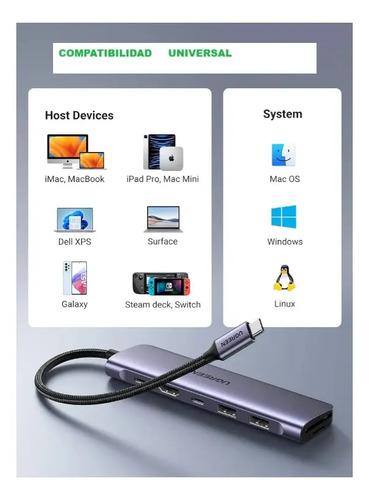 Hub Adaptador Ugreen 7 En 1 Dock 4k Hdmi 5gb Para Usb C Y 2 Usb-a, Lector Tarjetas Sd Y Micro Sd Plateado