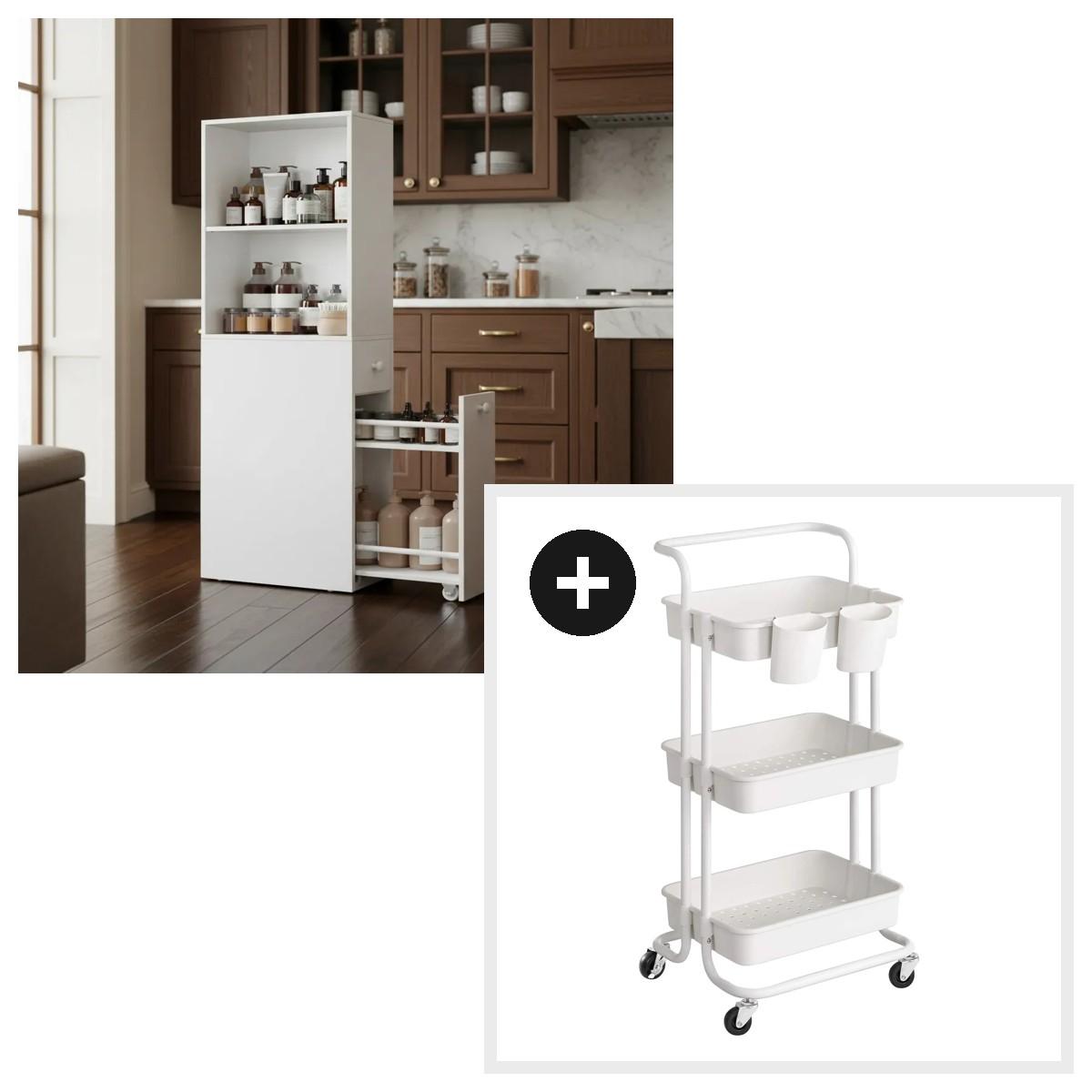Set Cocina Gabinete Organizador Slim + Carro 3 Niveles Blanc Blanco
