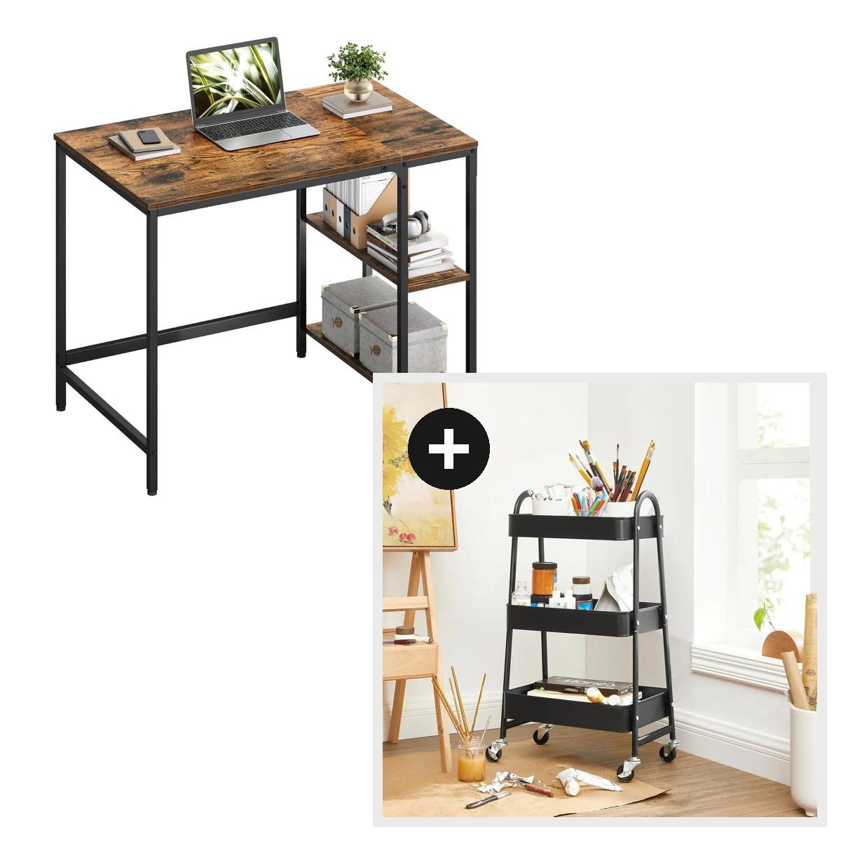 Kit Home Office Escritorio 100cm + Carro Organizador 3 Nivel Marrón