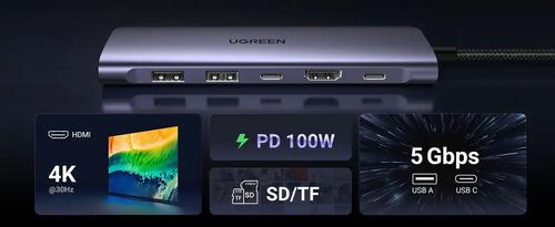 Hub Adaptador Ugreen 7 En 1 Dock 4k Hdmi 5gb Para Usb C Y 2 Usb-a, Lector Tarjetas Sd Y Micro Sd Plateado