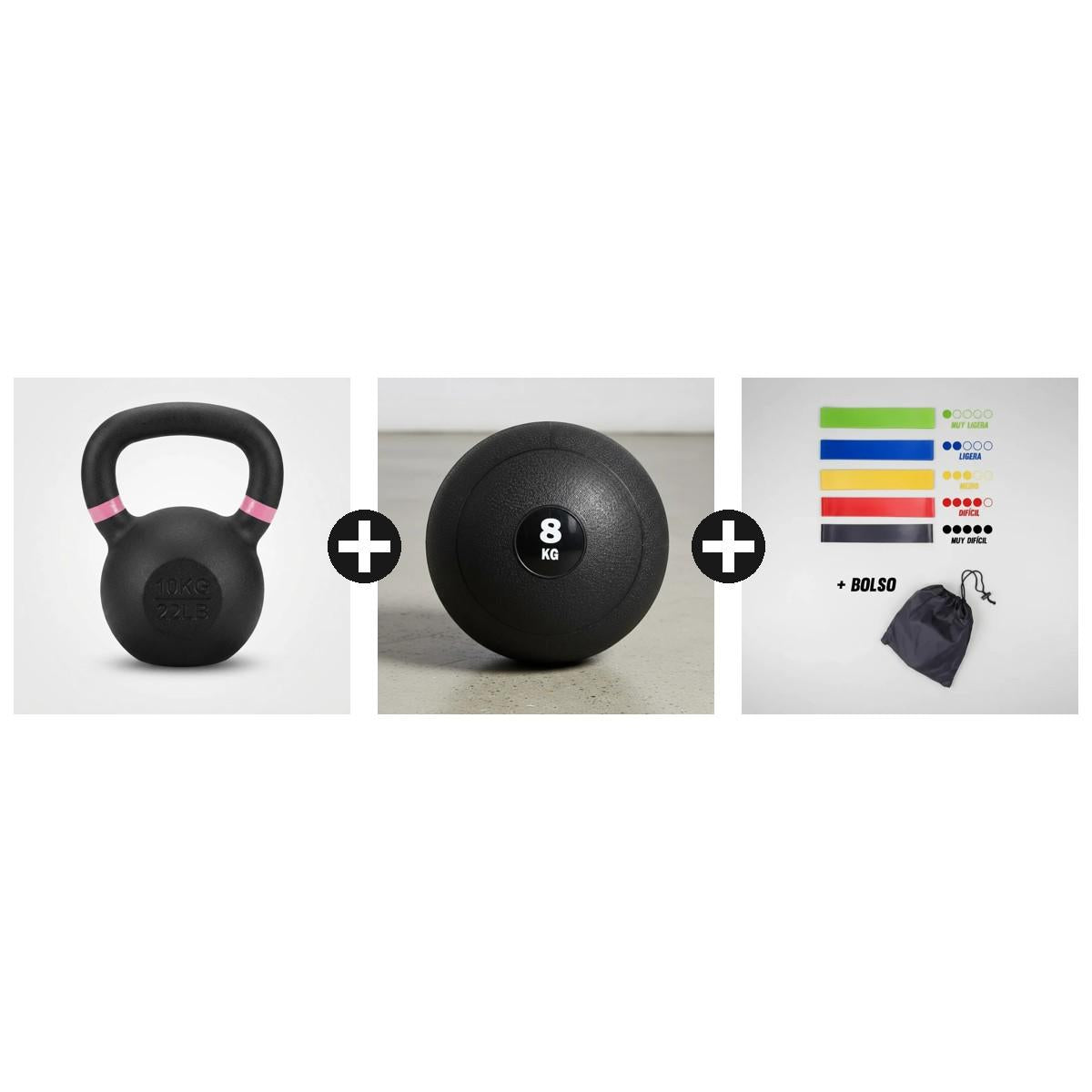 Kit Entrenamiento Funcional Kettlebell 10kg + Slam Ball 8kg Negro