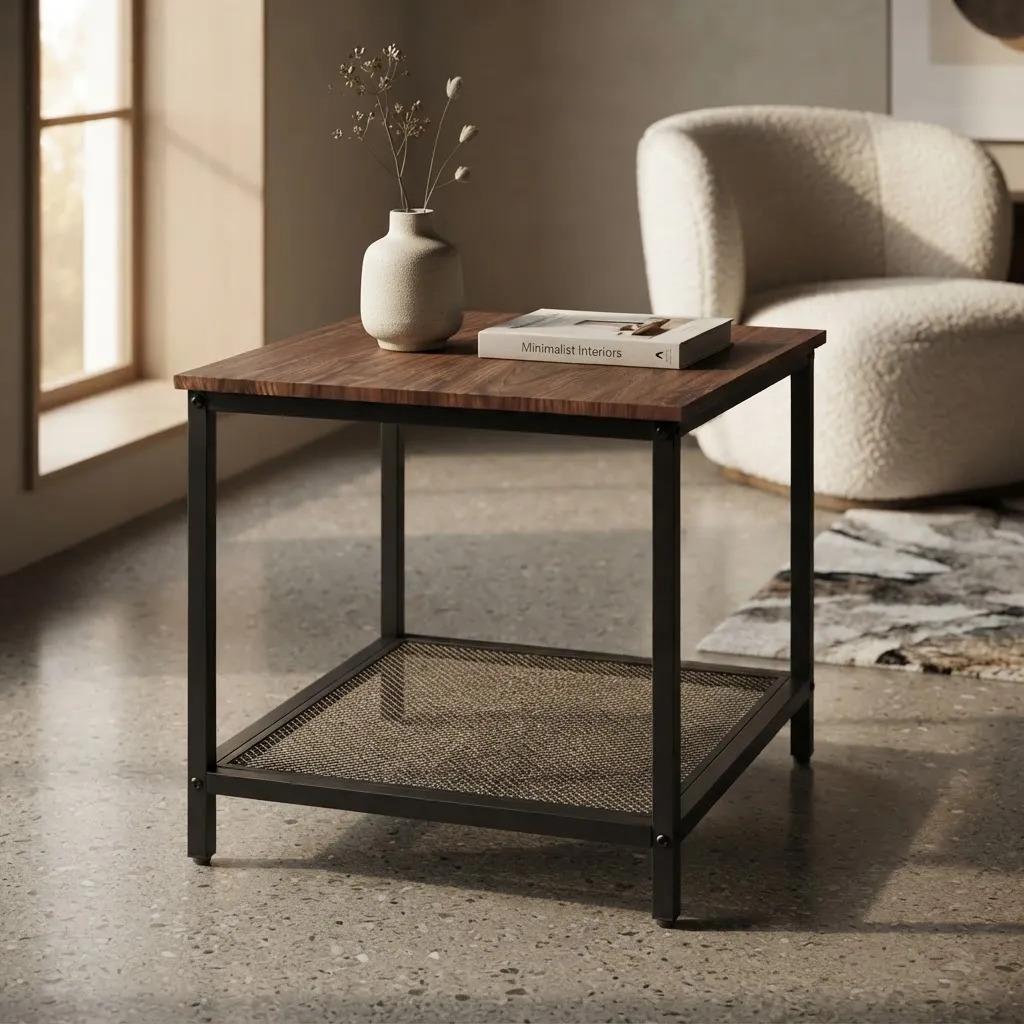 Mesa Auxiliar Lateral Con Repisa Madera Metal Café Oscuro