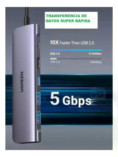 Hub Adaptador Ugreen 7 En 1 Dock 4k Hdmi 5gb Para Usb C Y 2 Usb-a, Lector Tarjetas Sd Y Micro Sd Plateado