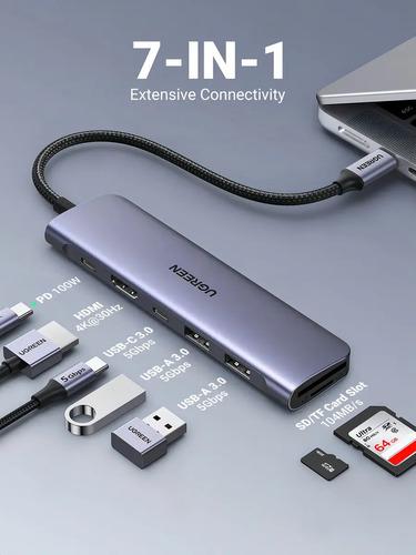 Hub Adaptador Ugreen 7 En 1 Dock 4k Hdmi 5gb Para Usb C Y 2 Usb-a, Lector Tarjetas Sd Y Micro Sd Plateado